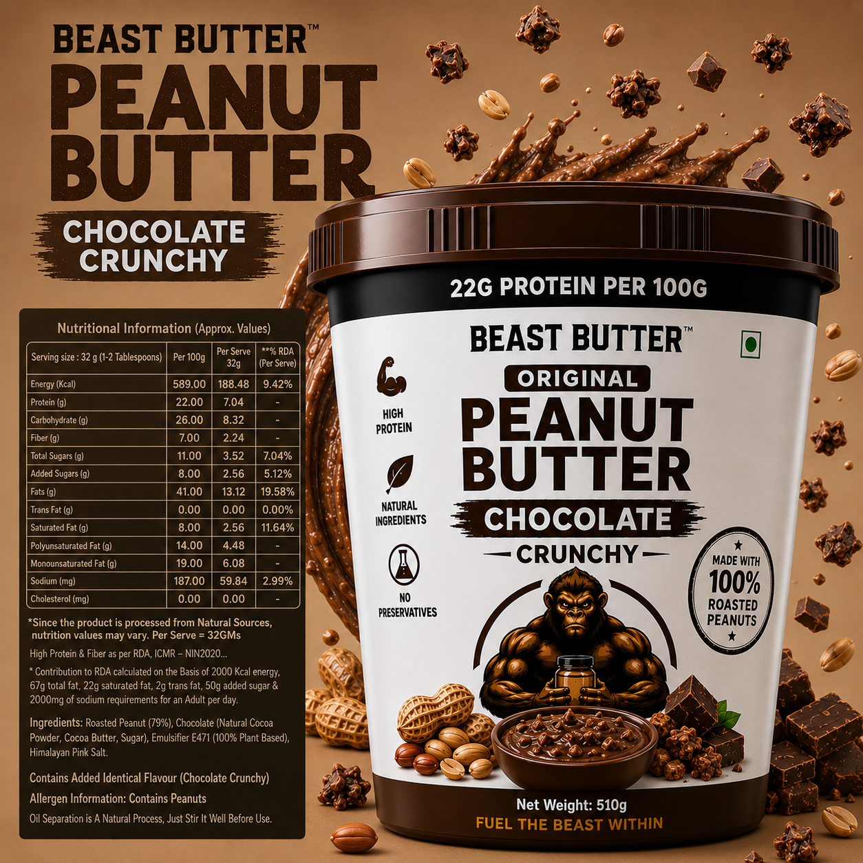 Beast Butter Original Chocolate Crunchy Peanut Butter Jar 1KG