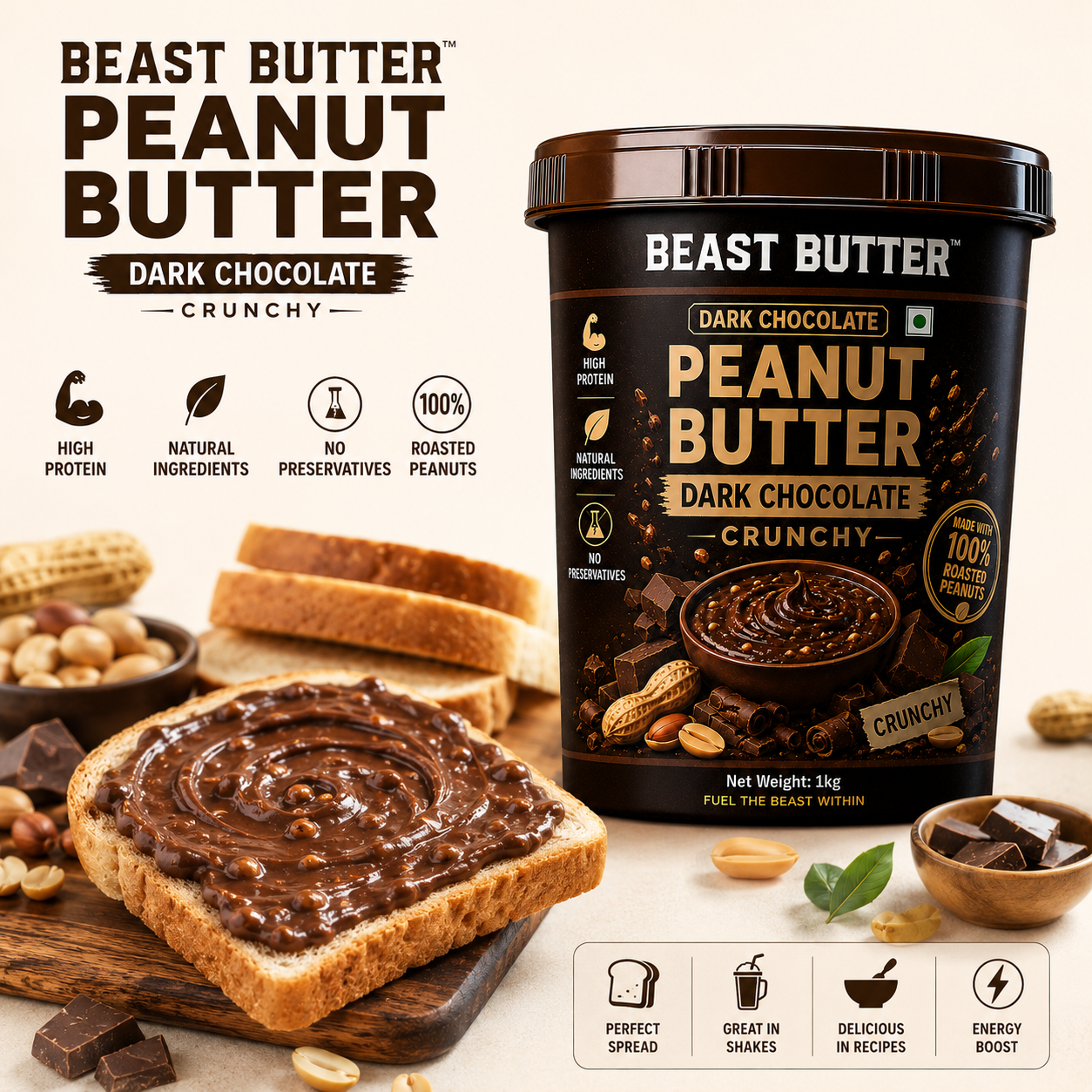 Beast Butter Dark Chocolate Crunchy Peanut Butter Jar 1KG - Hover View