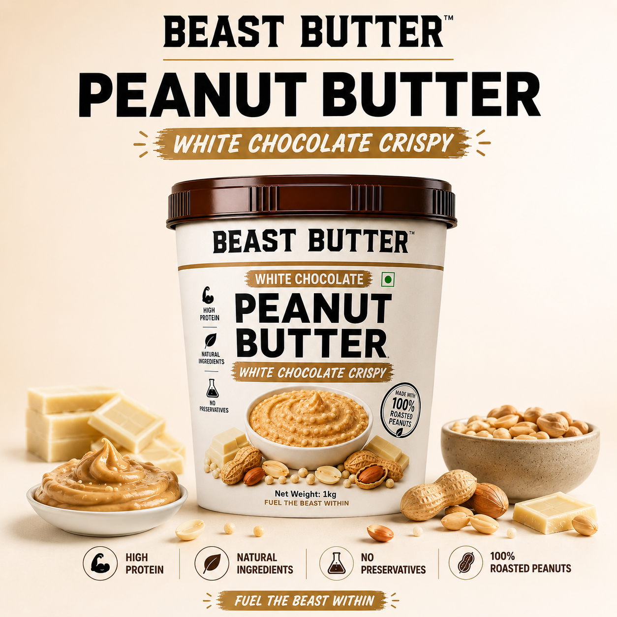 Beast Butter White Chocolate Crispy Peanut Butter Jar 1KG - Hover View